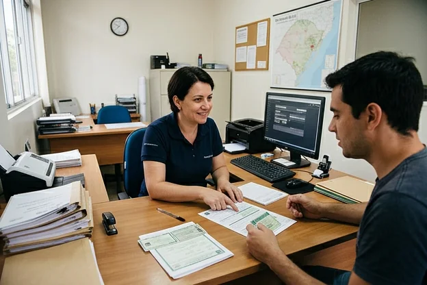Despachante auxiliando cliente na renovação de CNH.